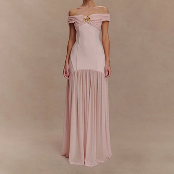 MQTIME  -  French Style Chest Floral Pure Color Spliced Dress Chic New Pleat Wrap Hips Dress Elegant Tube Top Sleeveless Banquet Long Dress